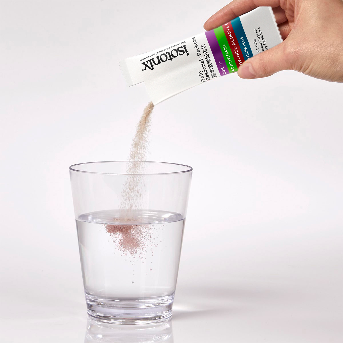 image of person pouring Isotonix Daily Essentials packet into a glass of water