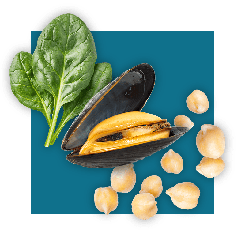 image of manganese-rich foods - spinach, chickpeas, and mussels