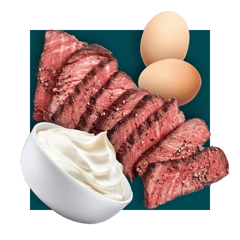 image of foods rich in B12 - yogurt, beef, eggs