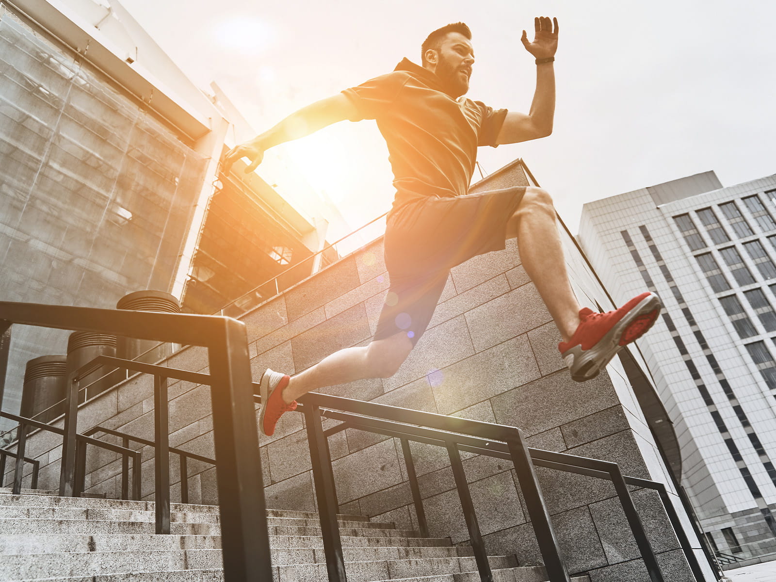 Person jumping off a staircase