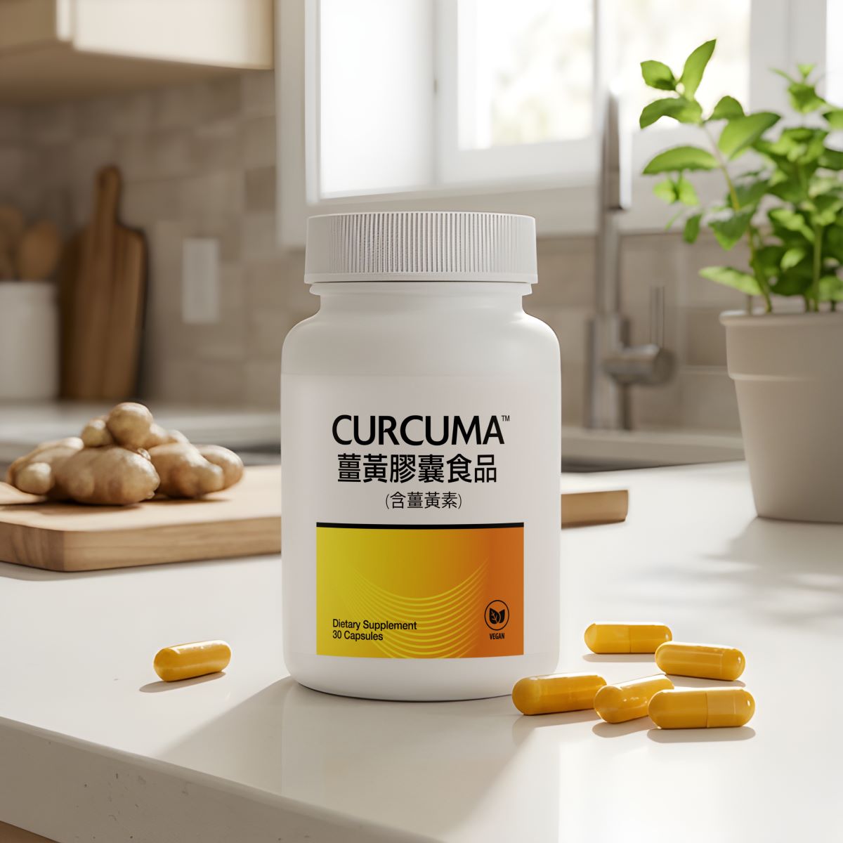 image of a bottle of Curcuma longa Plus on a counter with capsules beside it