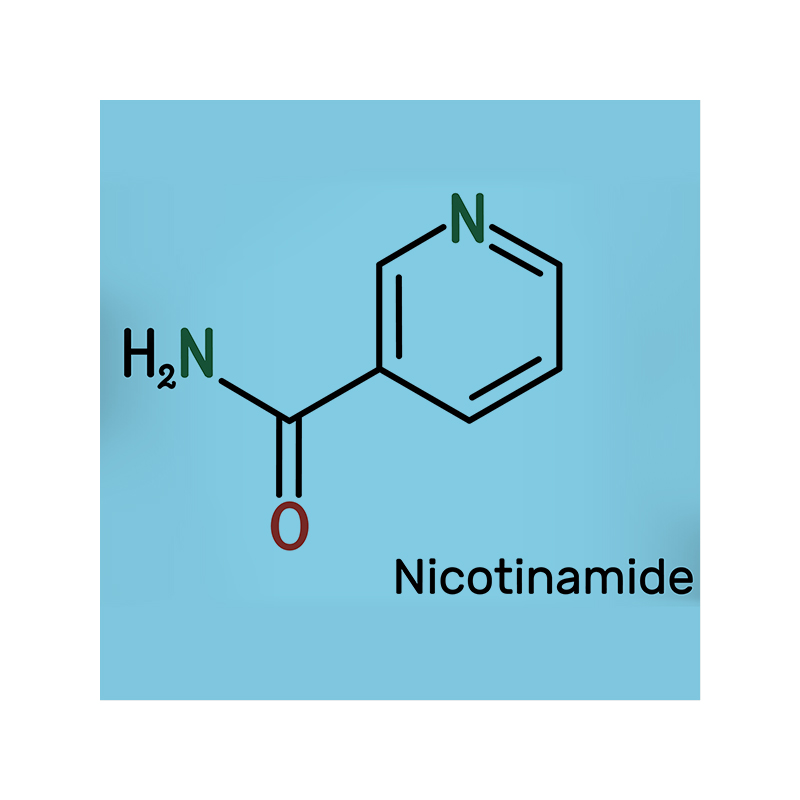 image of chemical structure of nicotinamide on background of blue bubbles