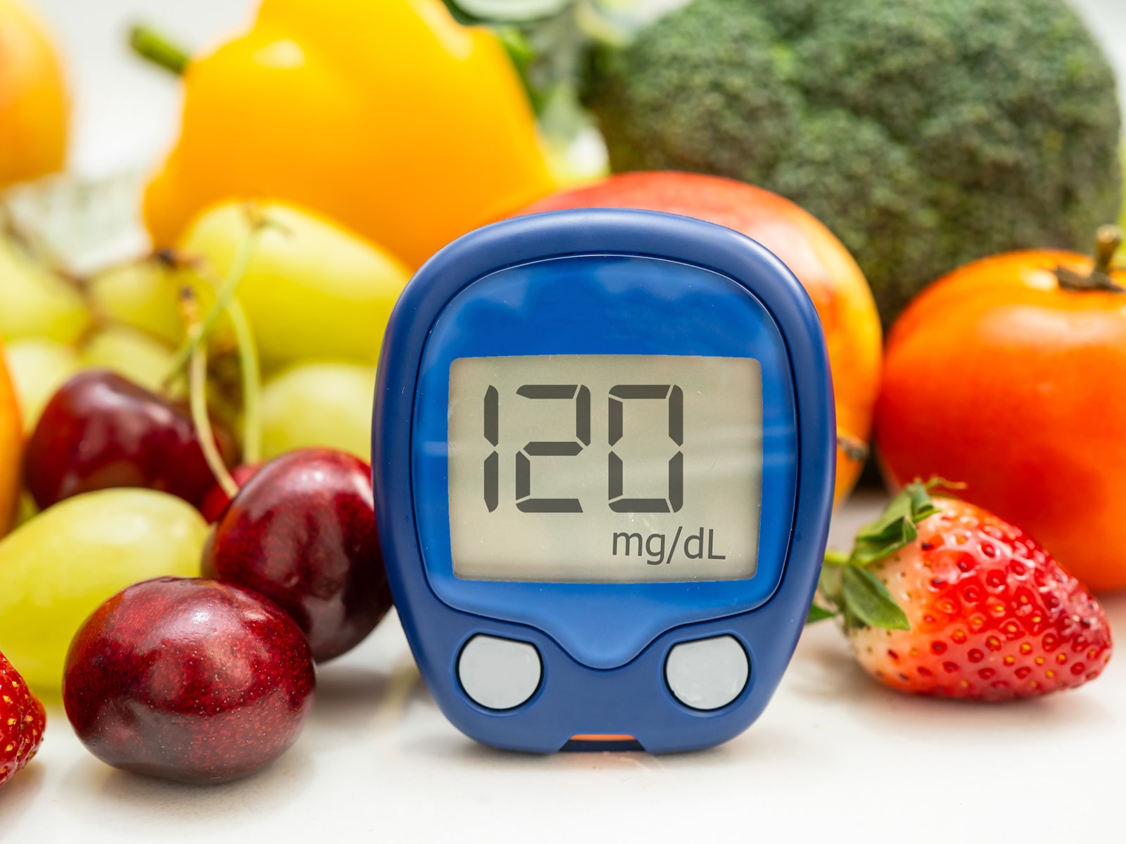 image of a blood sugar device with fruite and veggie surrounding it