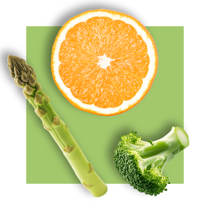 image of foods rich in folic acid - asparagus, orange, broccoli