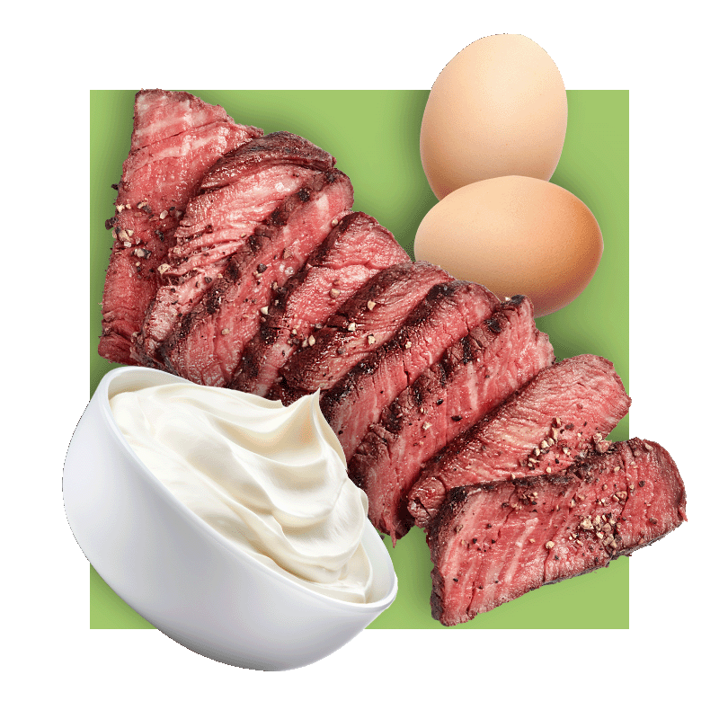 image of foods rich in B12 - yogurt, beef, and eggs