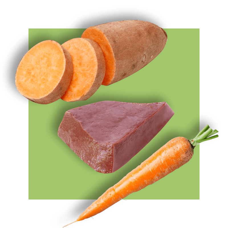 image of foods rich in vitamin A - sweet potato, meat, carrot