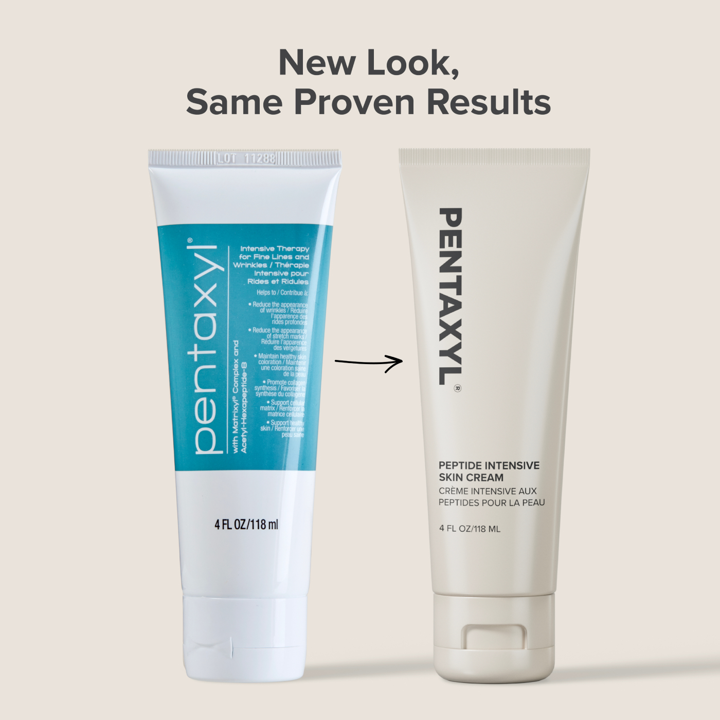 Old Pentaxyl Packaging on left and arrow pointing to new Pentaxyl packaging on right