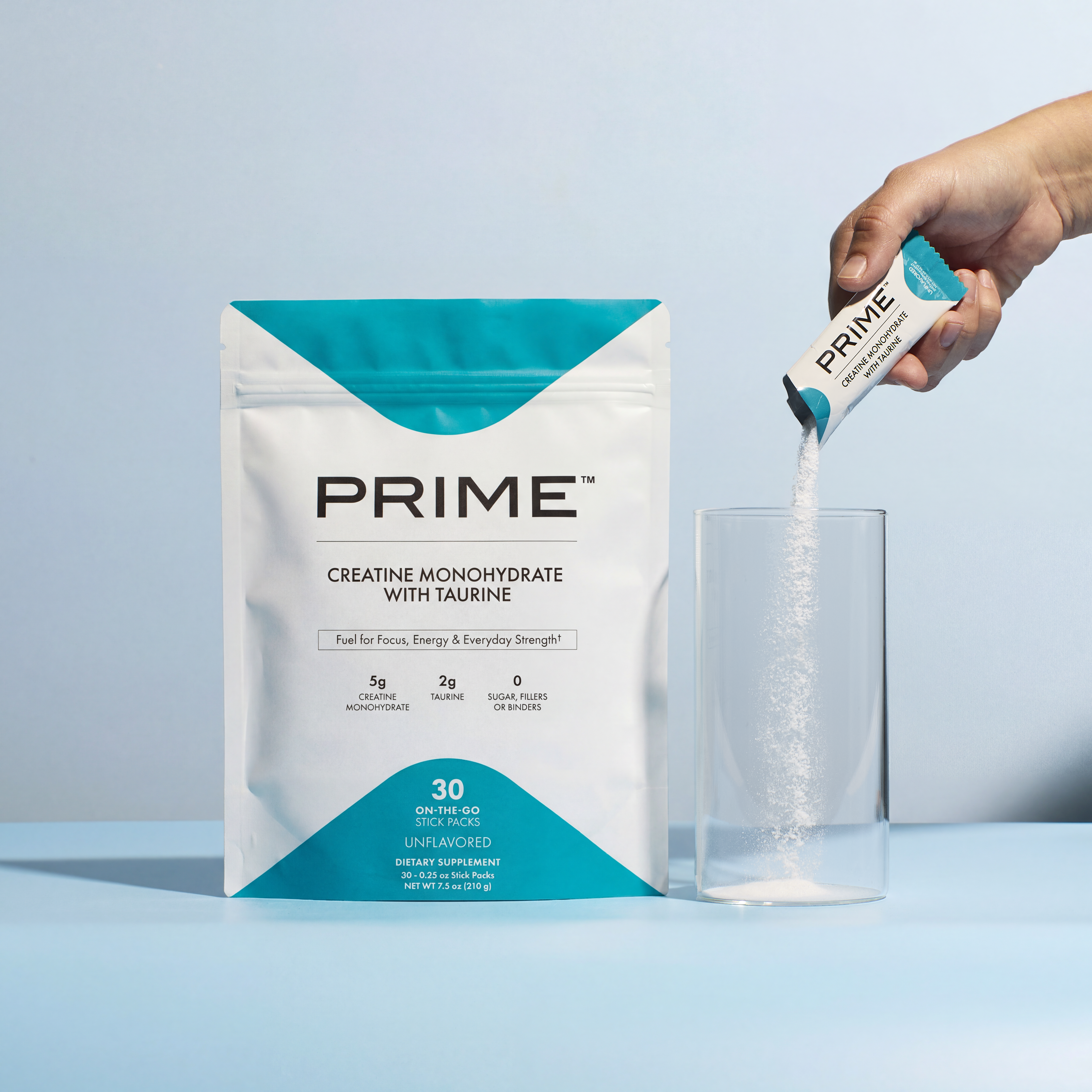 image of someone pouring a stick pack of Prime Creatine Monohydrate into a glass