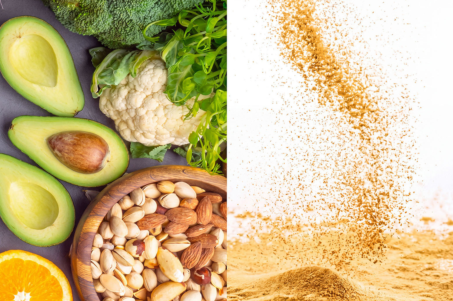 image of healthy foods beside isotonic powder