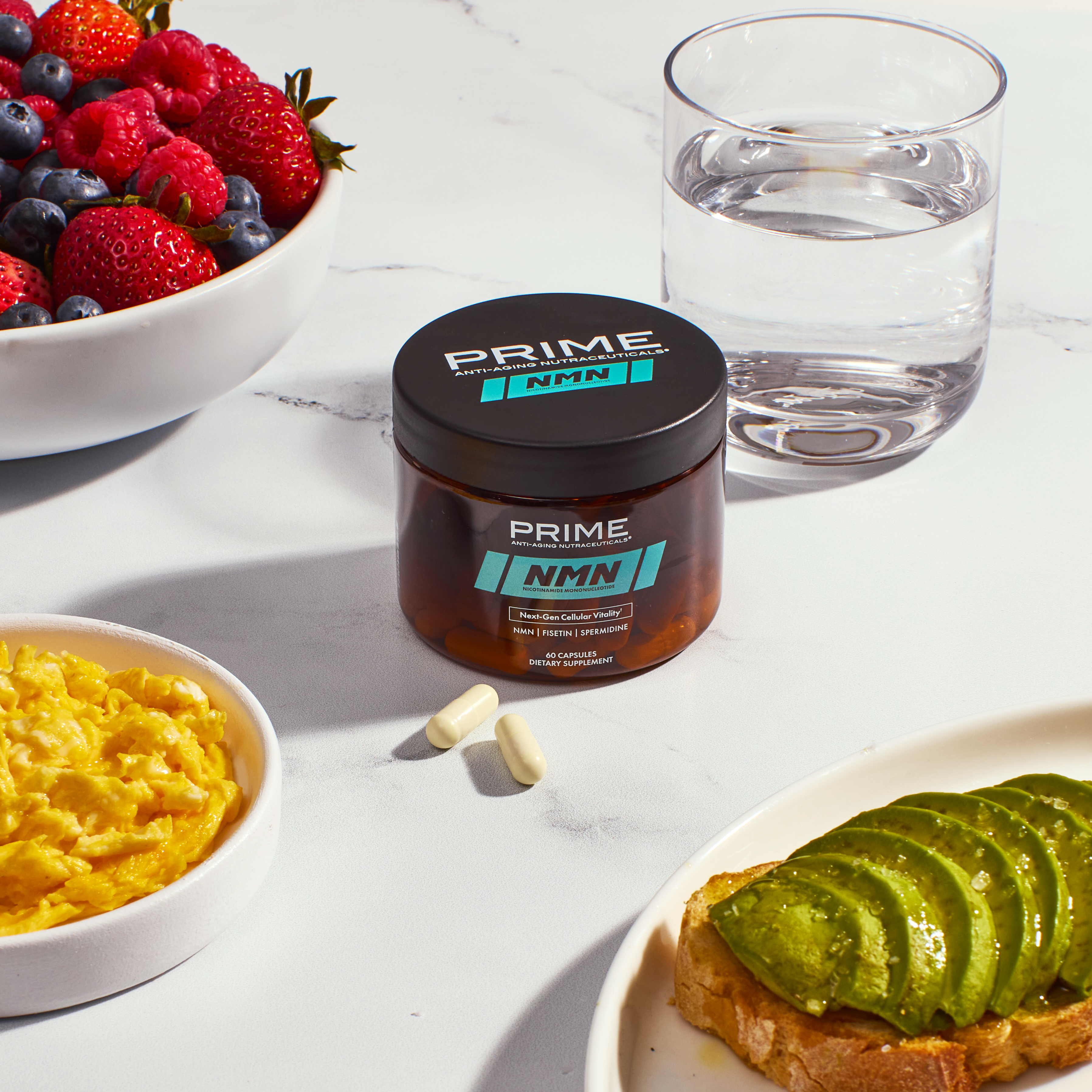 breakfast next to the Prime NMN product bottle