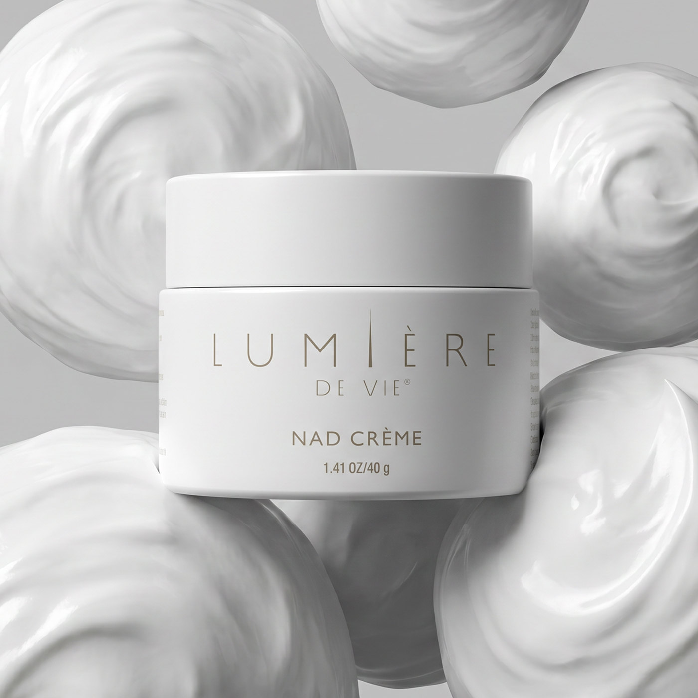 Nad Creme container balancing in white creme spheres