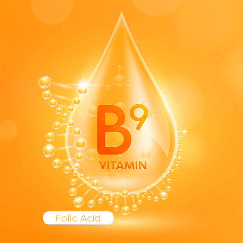 image of droplet with text VITAMIN B9 - Folic Acid