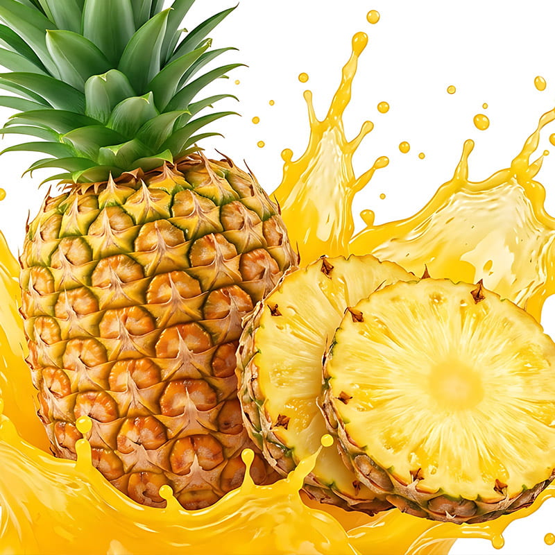 image of  whole pineapple and slices and juice