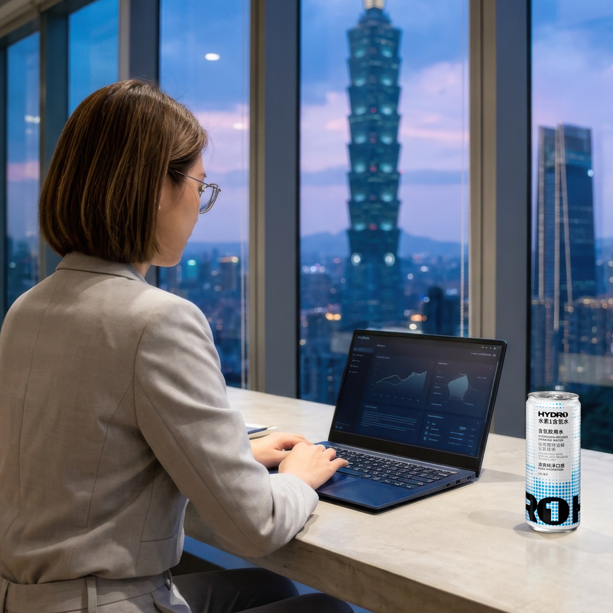 image of woman working on a laptop with a can of HYDRO1 beside her