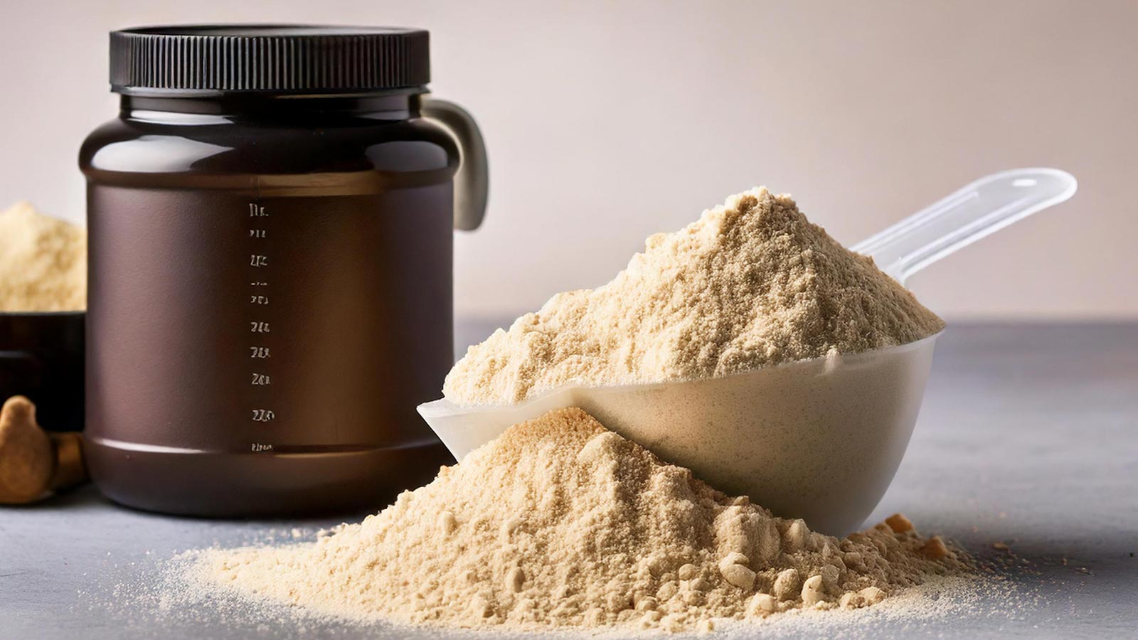 image of protein powder next to container with a lid