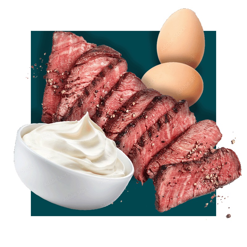 image of yogurt, beef, and eggs 